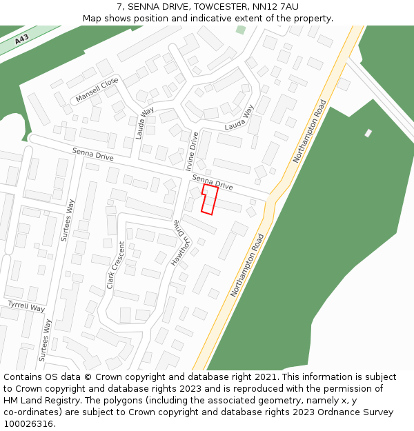 7, SENNA DRIVE, TOWCESTER, NN12 7AU: Location map and indicative extent of plot