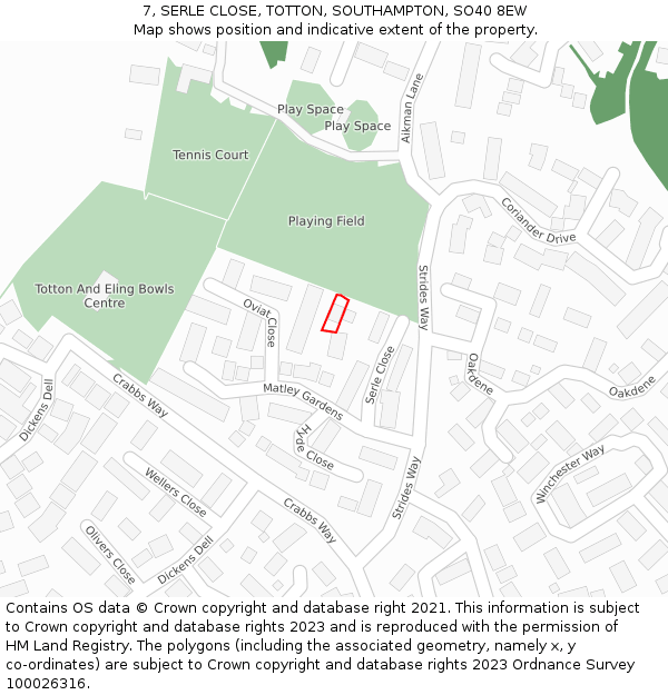 7, SERLE CLOSE, TOTTON, SOUTHAMPTON, SO40 8EW: Location map and indicative extent of plot