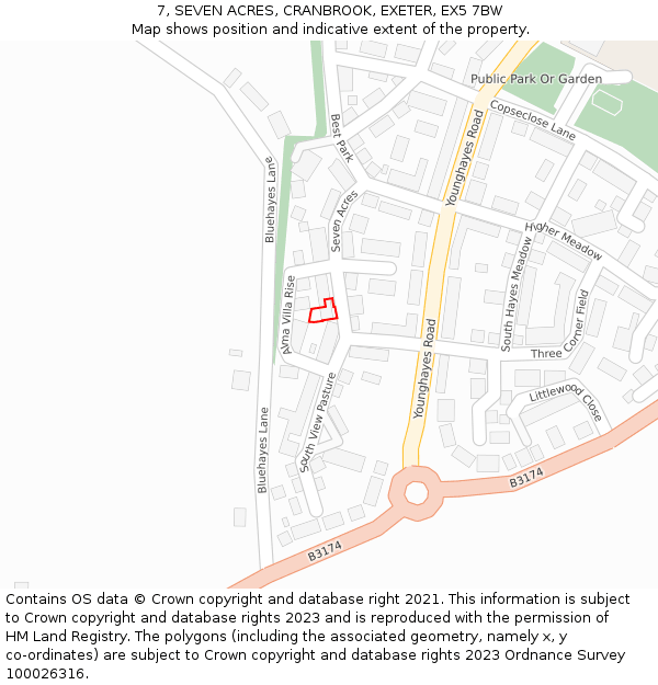 7, SEVEN ACRES, CRANBROOK, EXETER, EX5 7BW: Location map and indicative extent of plot