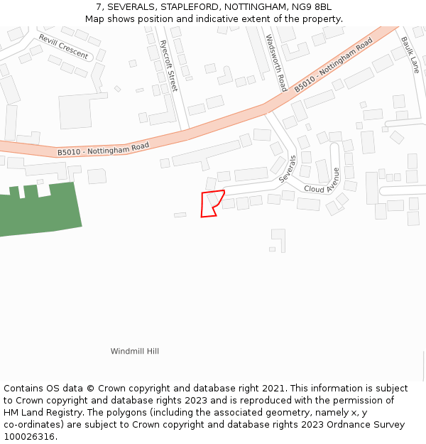 7, SEVERALS, STAPLEFORD, NOTTINGHAM, NG9 8BL: Location map and indicative extent of plot