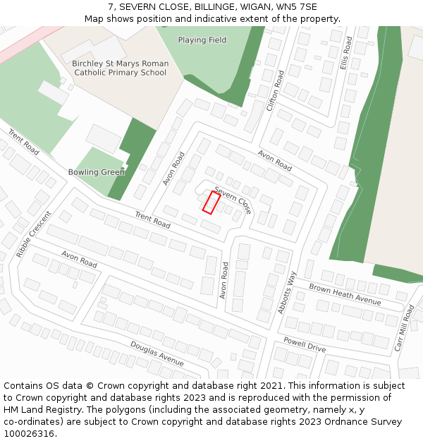 7, SEVERN CLOSE, BILLINGE, WIGAN, WN5 7SE: Location map and indicative extent of plot