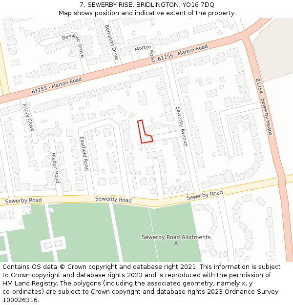 7, SEWERBY RISE, BRIDLINGTON, YO16 7DQ: Location map and indicative extent of plot