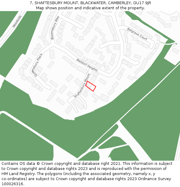 7, SHAFTESBURY MOUNT, BLACKWATER, CAMBERLEY, GU17 9JR: Location map and indicative extent of plot