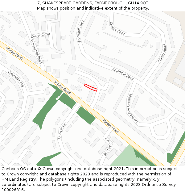 7, SHAKESPEARE GARDENS, FARNBOROUGH, GU14 9QT: Location map and indicative extent of plot