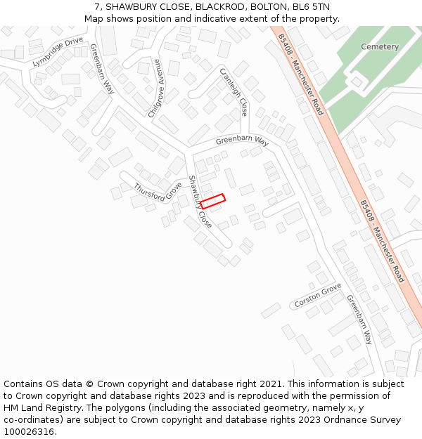 7, SHAWBURY CLOSE, BLACKROD, BOLTON, BL6 5TN: Location map and indicative extent of plot