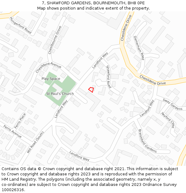 7, SHAWFORD GARDENS, BOURNEMOUTH, BH8 0PE: Location map and indicative extent of plot