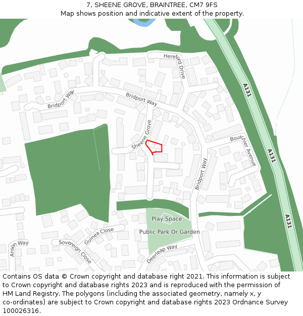 7, SHEENE GROVE, BRAINTREE, CM7 9FS: Location map and indicative extent of plot