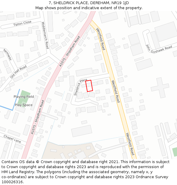 7, SHELDRICK PLACE, DEREHAM, NR19 1JD: Location map and indicative extent of plot