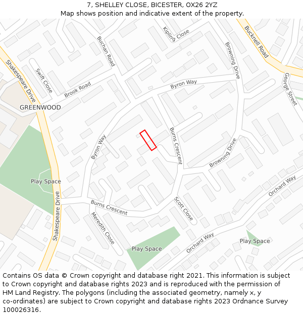 7, SHELLEY CLOSE, BICESTER, OX26 2YZ: Location map and indicative extent of plot