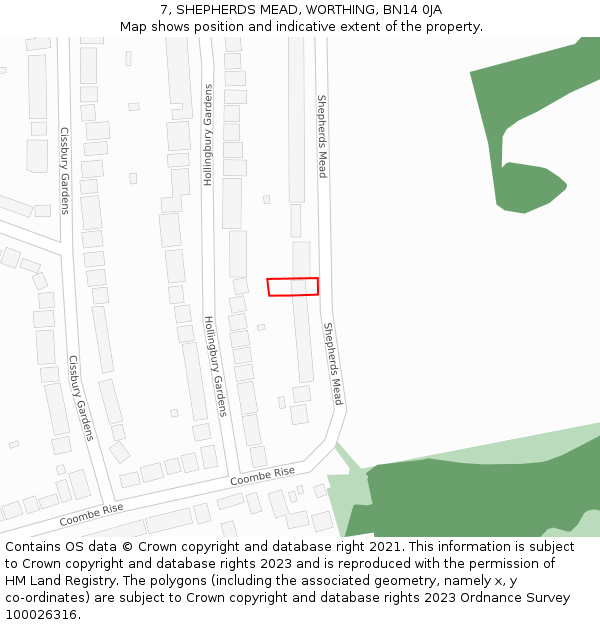 7, SHEPHERDS MEAD, WORTHING, BN14 0JA: Location map and indicative extent of plot