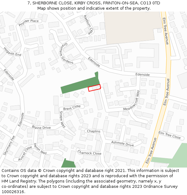 7, SHERBORNE CLOSE, KIRBY CROSS, FRINTON-ON-SEA, CO13 0TD: Location map and indicative extent of plot