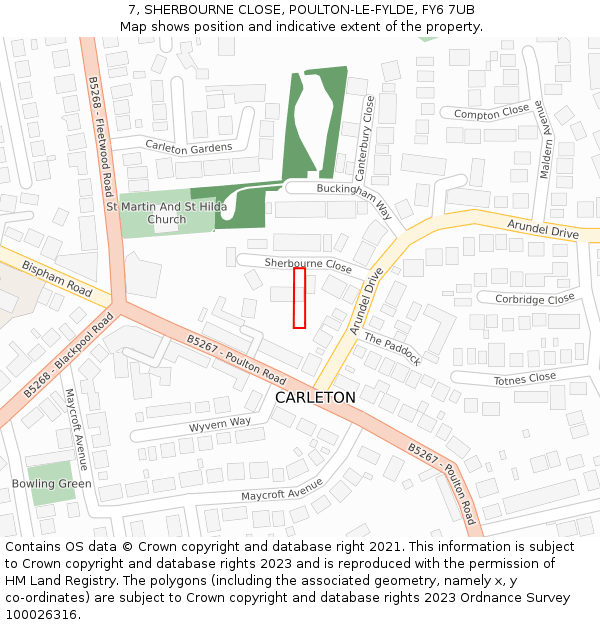 7, SHERBOURNE CLOSE, POULTON-LE-FYLDE, FY6 7UB: Location map and indicative extent of plot