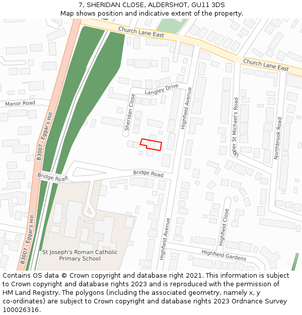 7, SHERIDAN CLOSE, ALDERSHOT, GU11 3DS: Location map and indicative extent of plot