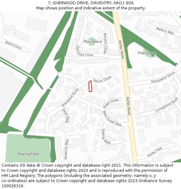 7, SHERWOOD DRIVE, DAVENTRY, NN11 9SA: Location map and indicative extent of plot