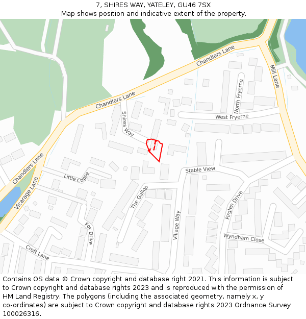 7, SHIRES WAY, YATELEY, GU46 7SX: Location map and indicative extent of plot