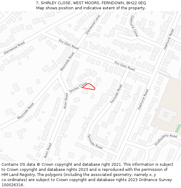 7, SHIRLEY CLOSE, WEST MOORS, FERNDOWN, BH22 0EQ: Location map and indicative extent of plot