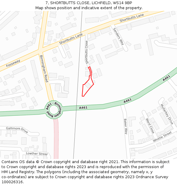 7, SHORTBUTTS CLOSE, LICHFIELD, WS14 9BP: Location map and indicative extent of plot