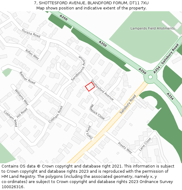 7, SHOTTESFORD AVENUE, BLANDFORD FORUM, DT11 7XU: Location map and indicative extent of plot