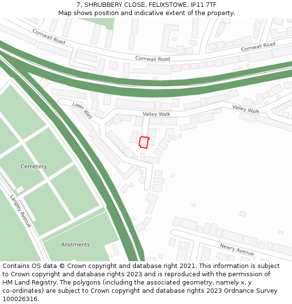 7, SHRUBBERY CLOSE, FELIXSTOWE, IP11 7TF: Location map and indicative extent of plot