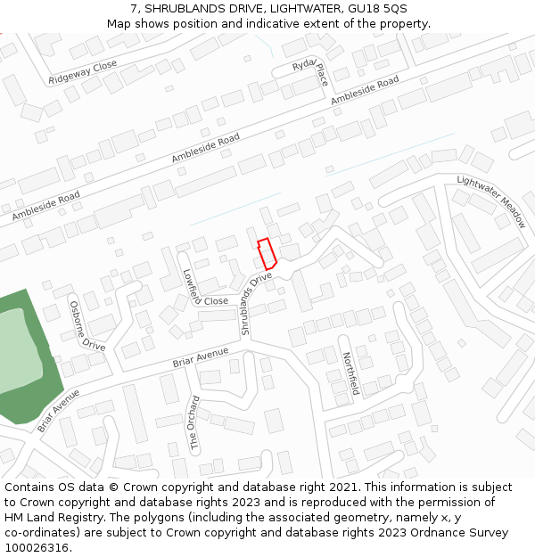 7, SHRUBLANDS DRIVE, LIGHTWATER, GU18 5QS: Location map and indicative extent of plot