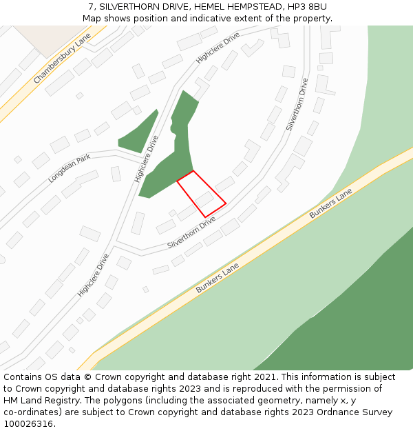 7, SILVERTHORN DRIVE, HEMEL HEMPSTEAD, HP3 8BU: Location map and indicative extent of plot