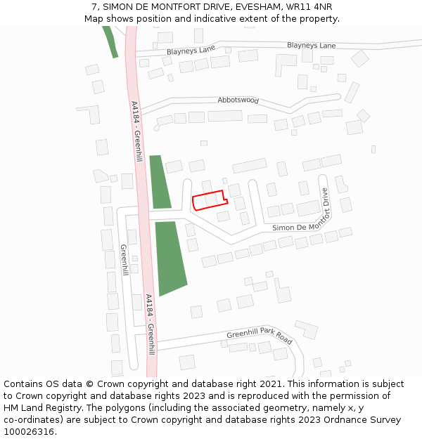 7, SIMON DE MONTFORT DRIVE, EVESHAM, WR11 4NR: Location map and indicative extent of plot