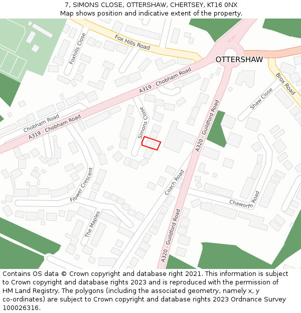 7, SIMONS CLOSE, OTTERSHAW, CHERTSEY, KT16 0NX: Location map and indicative extent of plot