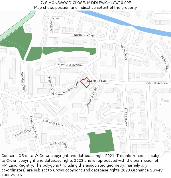 7, SIMONSWOOD CLOSE, MIDDLEWICH, CW10 0PE: Location map and indicative extent of plot