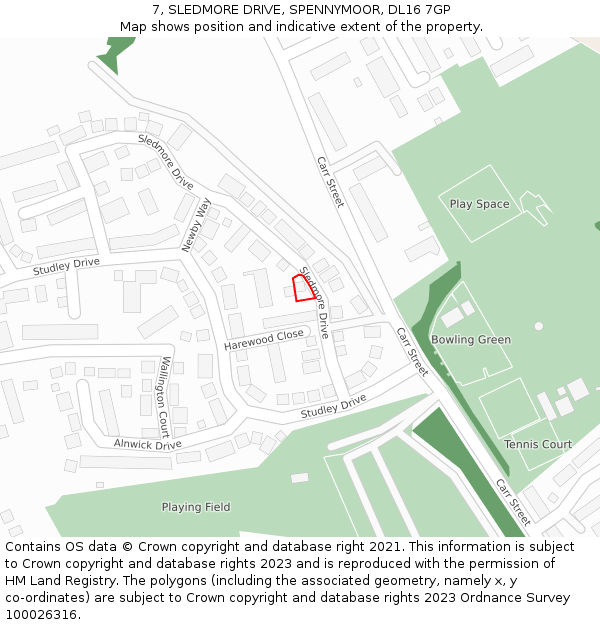 7, SLEDMORE DRIVE, SPENNYMOOR, DL16 7GP: Location map and indicative extent of plot