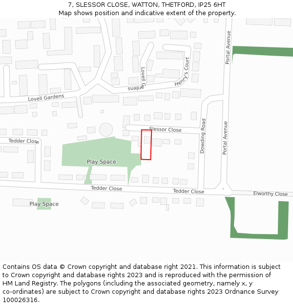 7, SLESSOR CLOSE, WATTON, THETFORD, IP25 6HT: Location map and indicative extent of plot