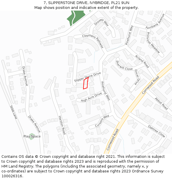 7, SLIPPERSTONE DRIVE, IVYBRIDGE, PL21 9UN: Location map and indicative extent of plot