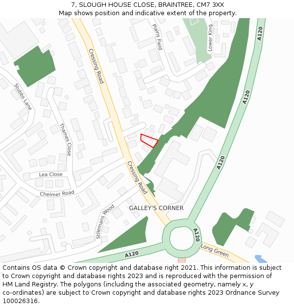 7, SLOUGH HOUSE CLOSE, BRAINTREE, CM7 3XX: Location map and indicative extent of plot