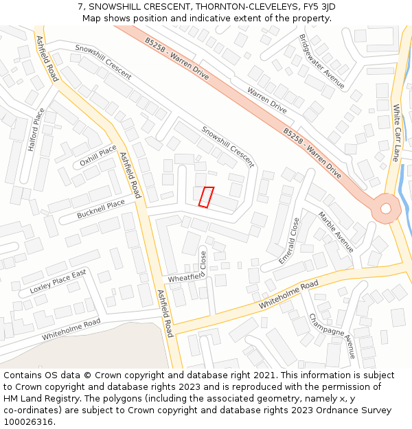 7, SNOWSHILL CRESCENT, THORNTON-CLEVELEYS, FY5 3JD: Location map and indicative extent of plot