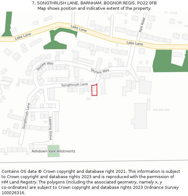 7, SONGTHRUSH LANE, BARNHAM, BOGNOR REGIS, PO22 0FB: Location map and indicative extent of plot