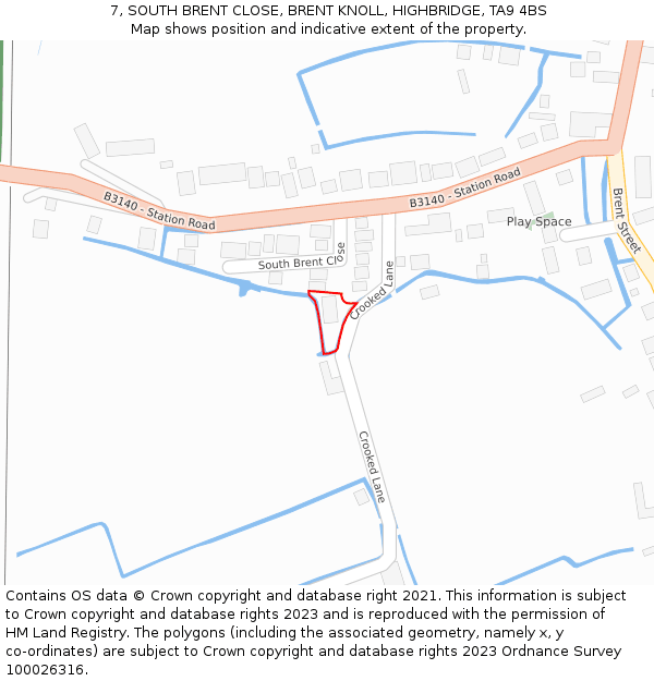 7, SOUTH BRENT CLOSE, BRENT KNOLL, HIGHBRIDGE, TA9 4BS: Location map and indicative extent of plot