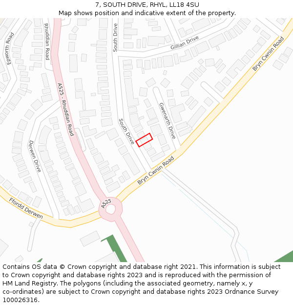 7, SOUTH DRIVE, RHYL, LL18 4SU: Location map and indicative extent of plot