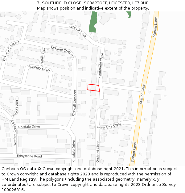 7, SOUTHFIELD CLOSE, SCRAPTOFT, LEICESTER, LE7 9UR: Location map and indicative extent of plot