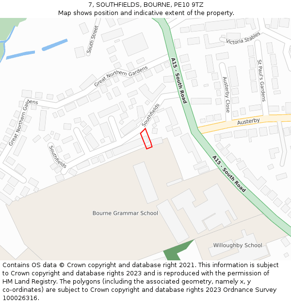 7, SOUTHFIELDS, BOURNE, PE10 9TZ: Location map and indicative extent of plot