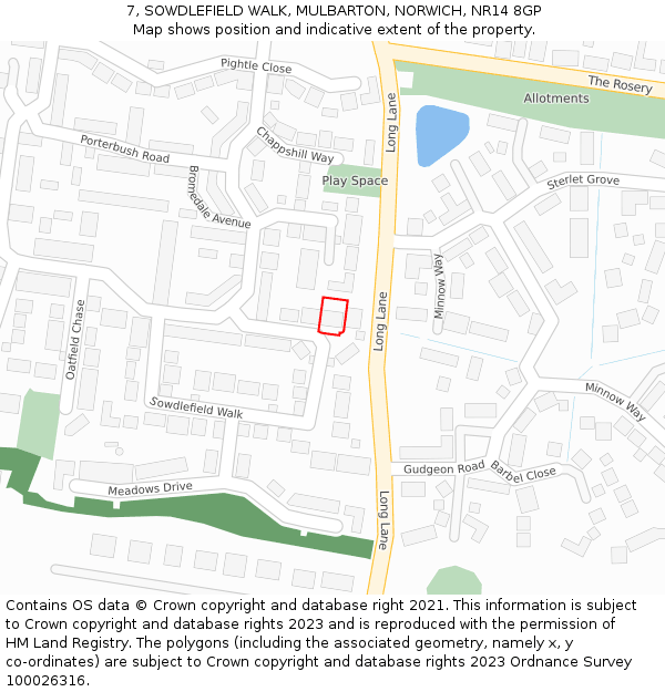 7, SOWDLEFIELD WALK, MULBARTON, NORWICH, NR14 8GP: Location map and indicative extent of plot