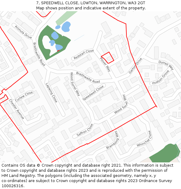 7, SPEEDWELL CLOSE, LOWTON, WARRINGTON, WA3 2GT: Location map and indicative extent of plot