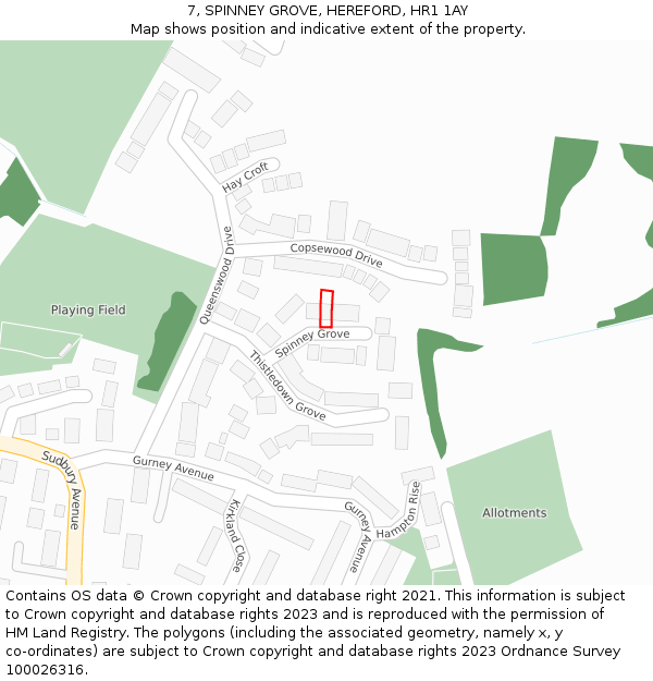 7, SPINNEY GROVE, HEREFORD, HR1 1AY: Location map and indicative extent of plot