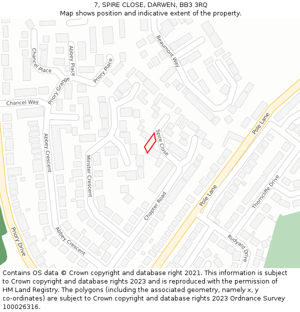 7, SPIRE CLOSE, DARWEN, BB3 3RQ: Location map and indicative extent of plot