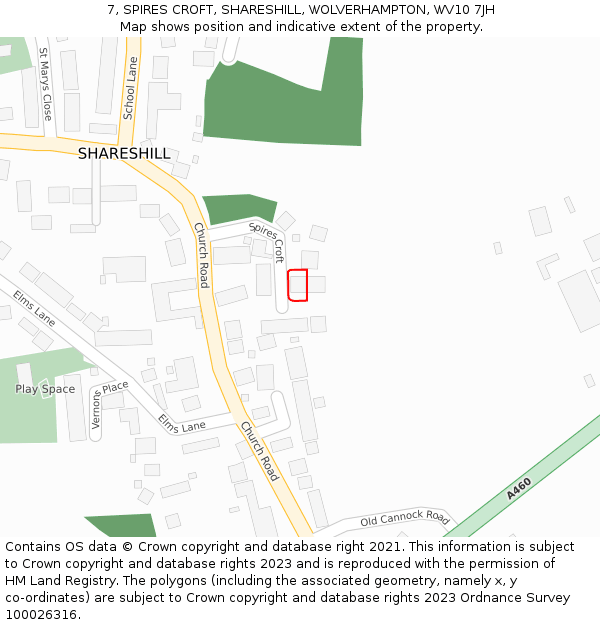 7, SPIRES CROFT, SHARESHILL, WOLVERHAMPTON, WV10 7JH: Location map and indicative extent of plot