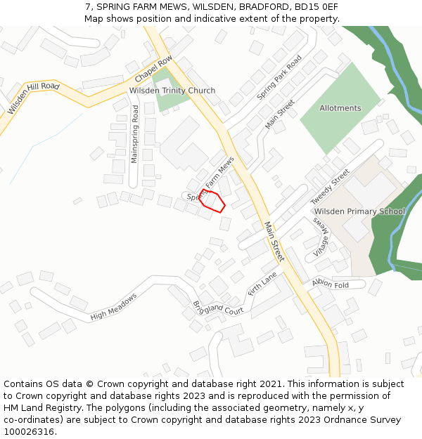 7, SPRING FARM MEWS, WILSDEN, BRADFORD, BD15 0EF: Location map and indicative extent of plot