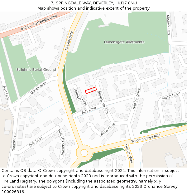 7, SPRINGDALE WAY, BEVERLEY, HU17 8NU: Location map and indicative extent of plot