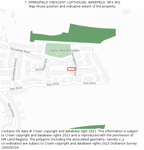 7, SPRINGFIELD CRESCENT, LOFTHOUSE, WAKEFIELD, WF3 3FQ: Location map and indicative extent of plot