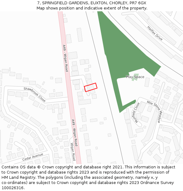 7, SPRINGFIELD GARDENS, EUXTON, CHORLEY, PR7 6GX: Location map and indicative extent of plot