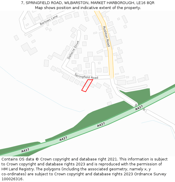 7, SPRINGFIELD ROAD, WILBARSTON, MARKET HARBOROUGH, LE16 8QR: Location map and indicative extent of plot