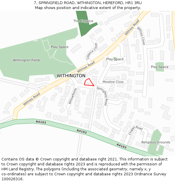 7, SPRINGFIELD ROAD, WITHINGTON, HEREFORD, HR1 3RU: Location map and indicative extent of plot