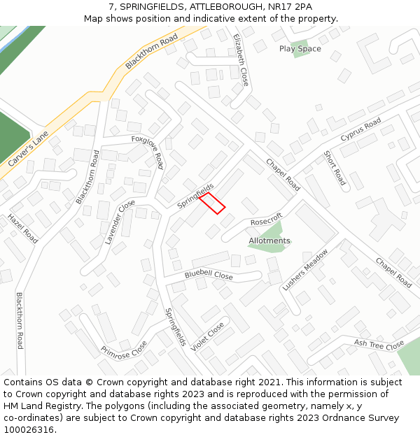 7, SPRINGFIELDS, ATTLEBOROUGH, NR17 2PA: Location map and indicative extent of plot